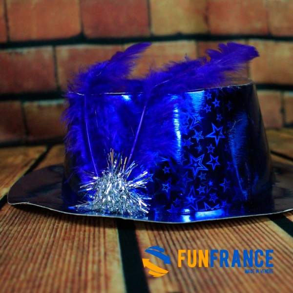FUNFRANCE - Articles de fête et produits Hi-Tech : Chapeau fête bleu à plume - 1.208333€ - Chapeau de fête en carton bleu avec p